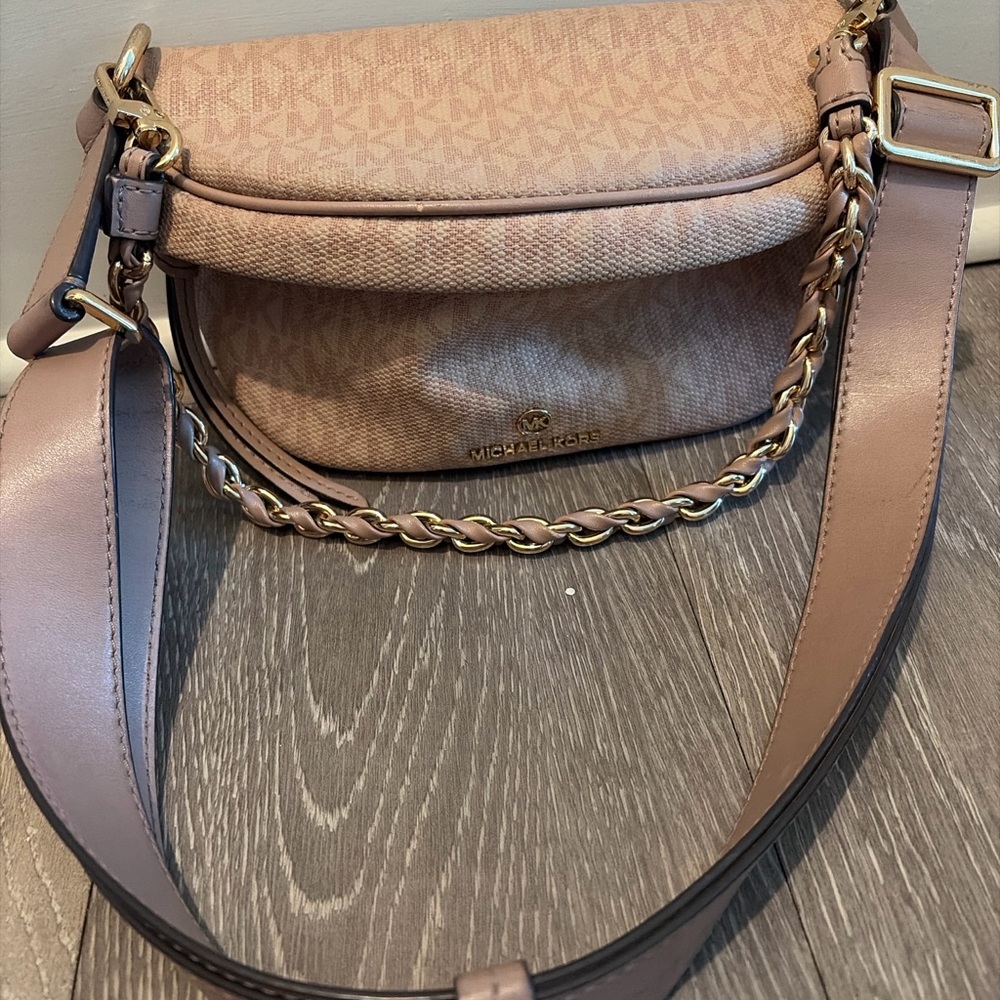 Michael Kors MK Monogram Blush Canvas Chain Flap Crossbody Bag - Picture 3 of 8